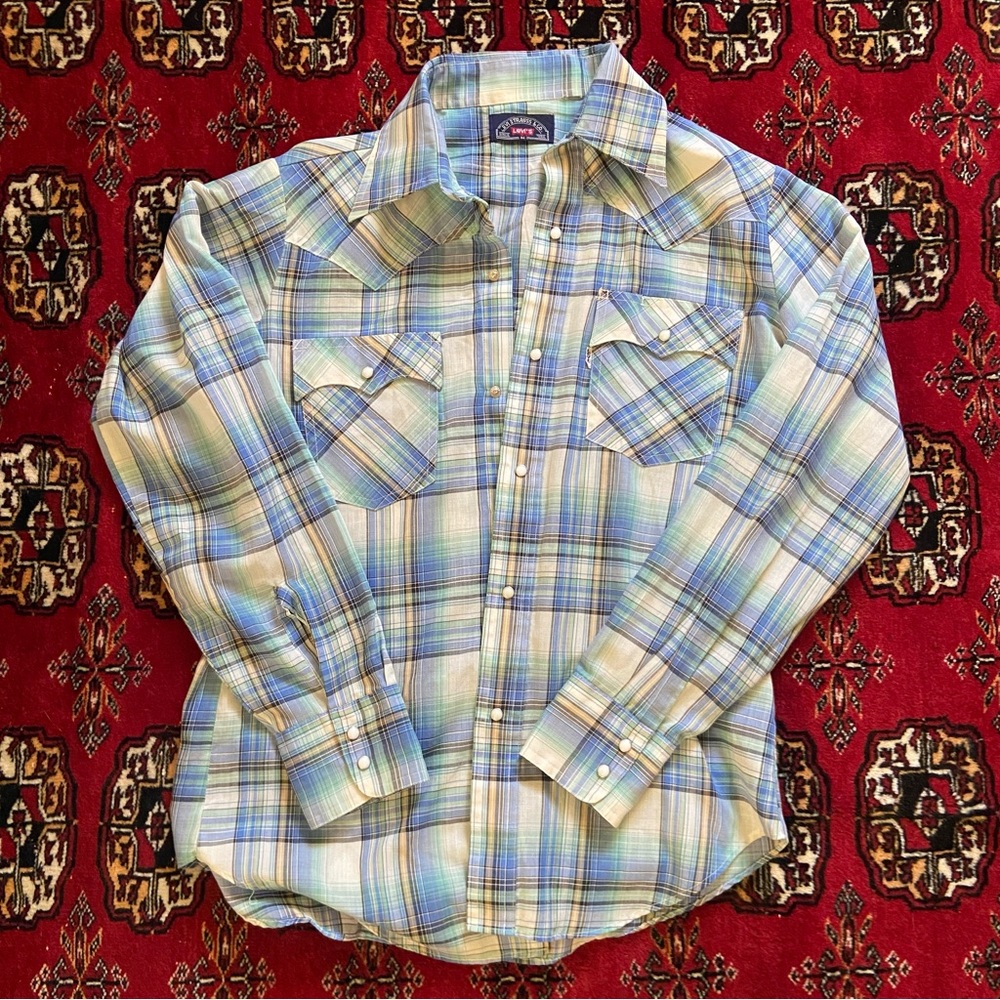 Vintage Levi’s Plaid Blue Green Western Snap Front Shirt, Men’s Size Small